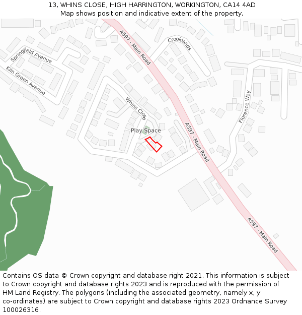 13, WHINS CLOSE, HIGH HARRINGTON, WORKINGTON, CA14 4AD: Location map and indicative extent of plot