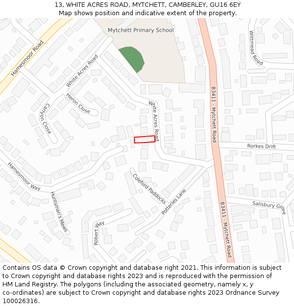 13, WHITE ACRES ROAD, MYTCHETT, CAMBERLEY, GU16 6EY: Location map and indicative extent of plot