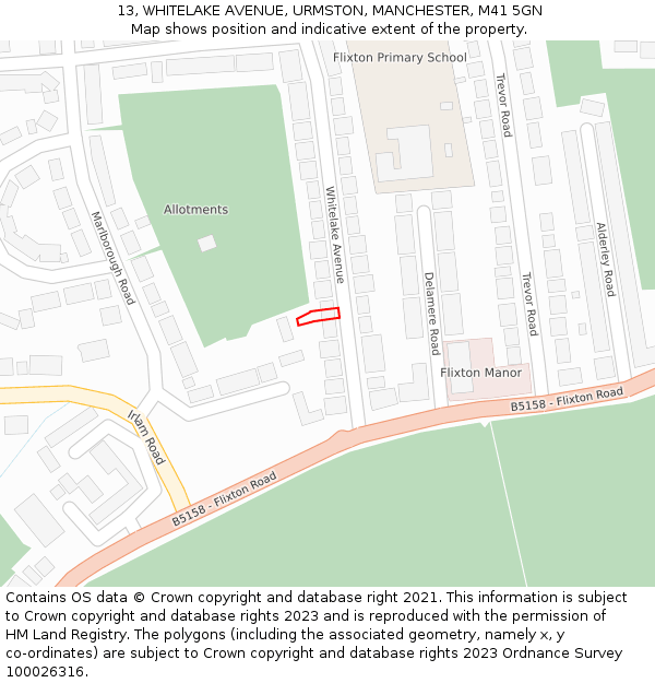 13, WHITELAKE AVENUE, URMSTON, MANCHESTER, M41 5GN: Location map and indicative extent of plot