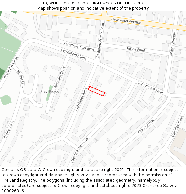 13, WHITELANDS ROAD, HIGH WYCOMBE, HP12 3EQ: Location map and indicative extent of plot