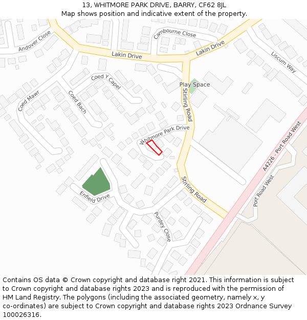 13, WHITMORE PARK DRIVE, BARRY, CF62 8JL: Location map and indicative extent of plot