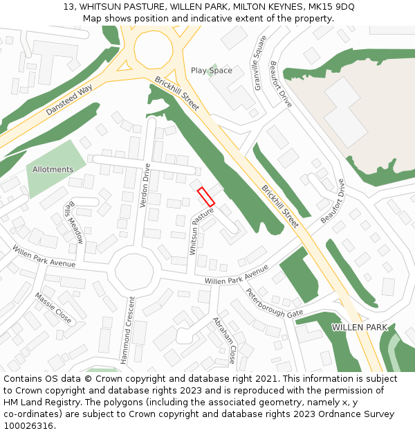 13, WHITSUN PASTURE, WILLEN PARK, MILTON KEYNES, MK15 9DQ: Location map and indicative extent of plot