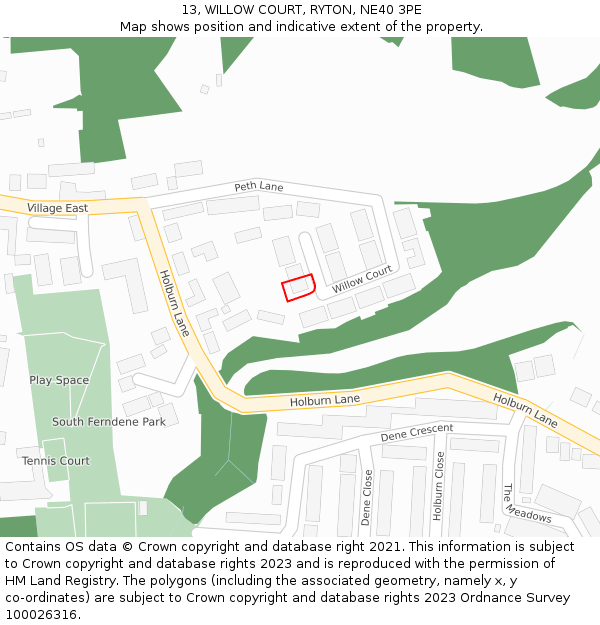 13, WILLOW COURT, RYTON, NE40 3PE: Location map and indicative extent of plot