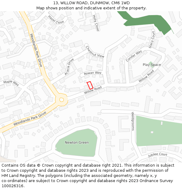 13, WILLOW ROAD, DUNMOW, CM6 1WD: Location map and indicative extent of plot