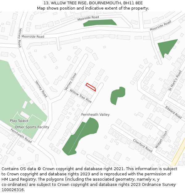 13, WILLOW TREE RISE, BOURNEMOUTH, BH11 8EE: Location map and indicative extent of plot