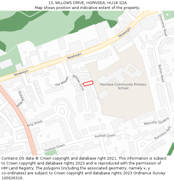 13, WILLOWS DRIVE, HORNSEA, HU18 1DA: Location map and indicative extent of plot