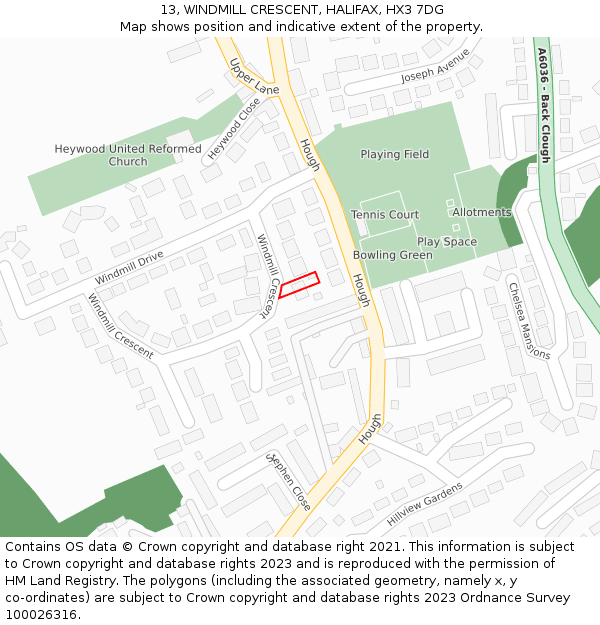 13, WINDMILL CRESCENT, HALIFAX, HX3 7DG: Location map and indicative extent of plot