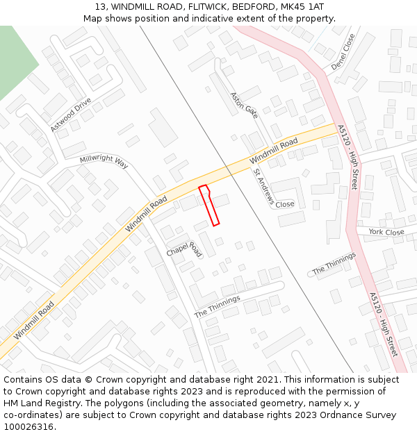 13, WINDMILL ROAD, FLITWICK, BEDFORD, MK45 1AT: Location map and indicative extent of plot