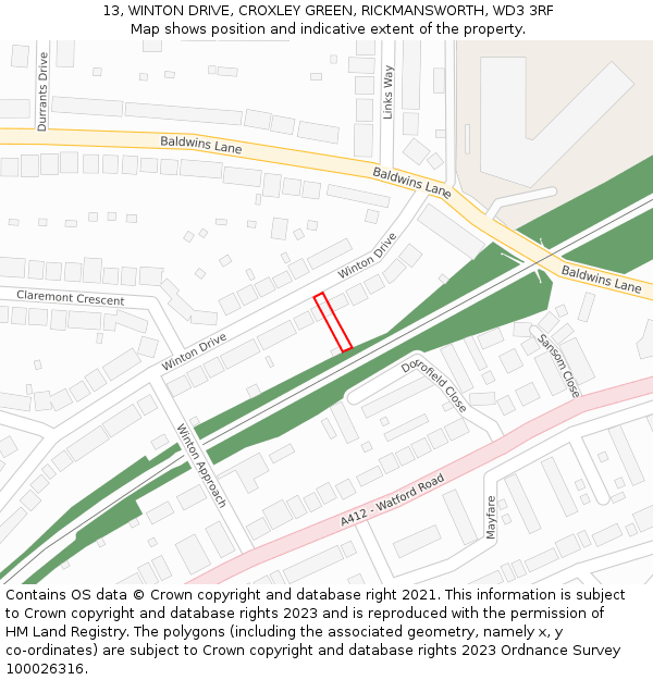 13, WINTON DRIVE, CROXLEY GREEN, RICKMANSWORTH, WD3 3RF: Location map and indicative extent of plot