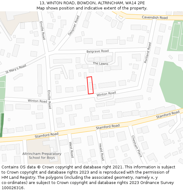 13, WINTON ROAD, BOWDON, ALTRINCHAM, WA14 2PE: Location map and indicative extent of plot