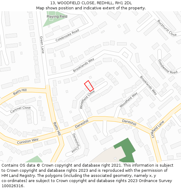 13, WOODFIELD CLOSE, REDHILL, RH1 2DL: Location map and indicative extent of plot