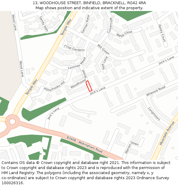 13, WOODHOUSE STREET, BINFIELD, BRACKNELL, RG42 4RA: Location map and indicative extent of plot