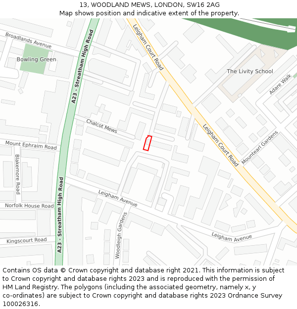 13, WOODLAND MEWS, LONDON, SW16 2AG: Location map and indicative extent of plot