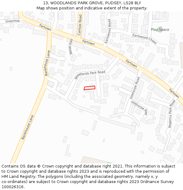 13, WOODLANDS PARK GROVE, PUDSEY, LS28 8LY: Location map and indicative extent of plot