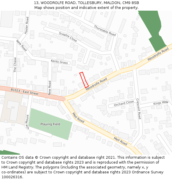 13, WOODROLFE ROAD, TOLLESBURY, MALDON, CM9 8SB: Location map and indicative extent of plot