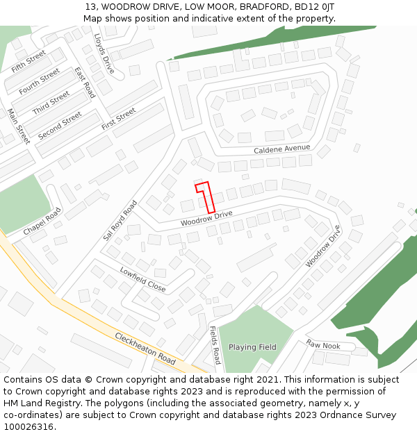 13, WOODROW DRIVE, LOW MOOR, BRADFORD, BD12 0JT: Location map and indicative extent of plot