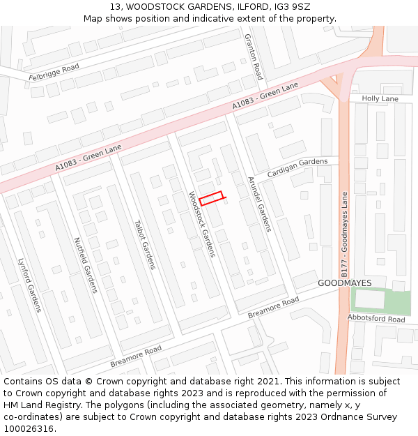 13, WOODSTOCK GARDENS, ILFORD, IG3 9SZ: Location map and indicative extent of plot