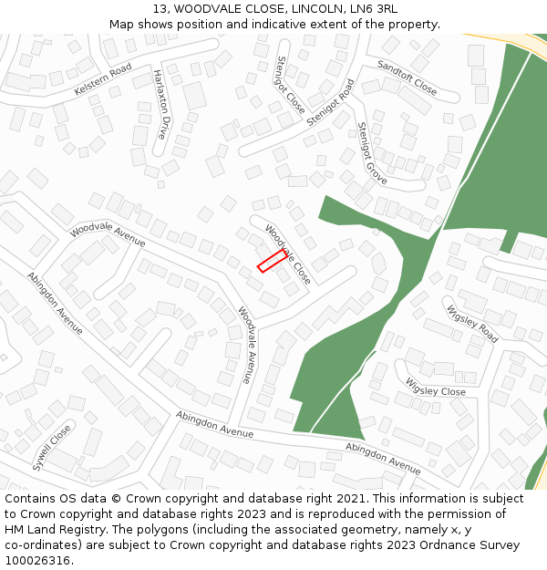 13, WOODVALE CLOSE, LINCOLN, LN6 3RL: Location map and indicative extent of plot