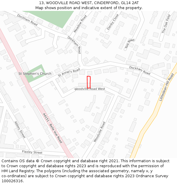 13, WOODVILLE ROAD WEST, CINDERFORD, GL14 2AT: Location map and indicative extent of plot