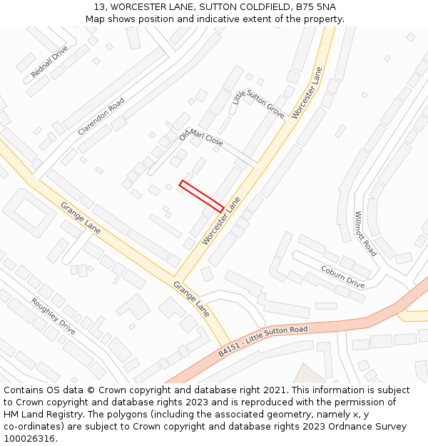 13, WORCESTER LANE, SUTTON COLDFIELD, B75 5NA: Location map and indicative extent of plot