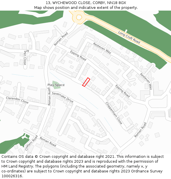 13, WYCHEWOOD CLOSE, CORBY, NN18 8GX: Location map and indicative extent of plot