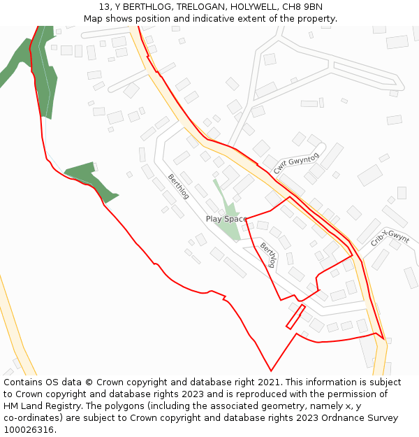 13, Y BERTHLOG, TRELOGAN, HOLYWELL, CH8 9BN: Location map and indicative extent of plot