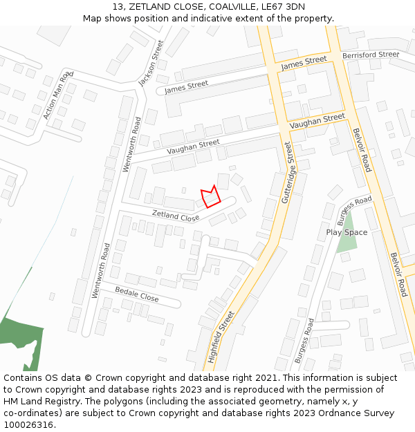 13, ZETLAND CLOSE, COALVILLE, LE67 3DN: Location map and indicative extent of plot