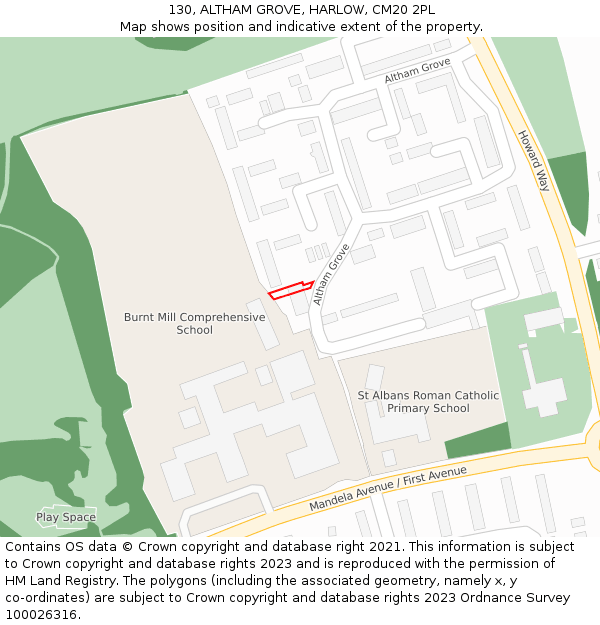 130, ALTHAM GROVE, HARLOW, CM20 2PL: Location map and indicative extent of plot