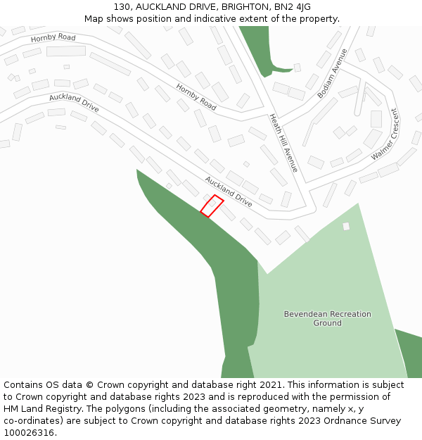130, AUCKLAND DRIVE, BRIGHTON, BN2 4JG: Location map and indicative extent of plot