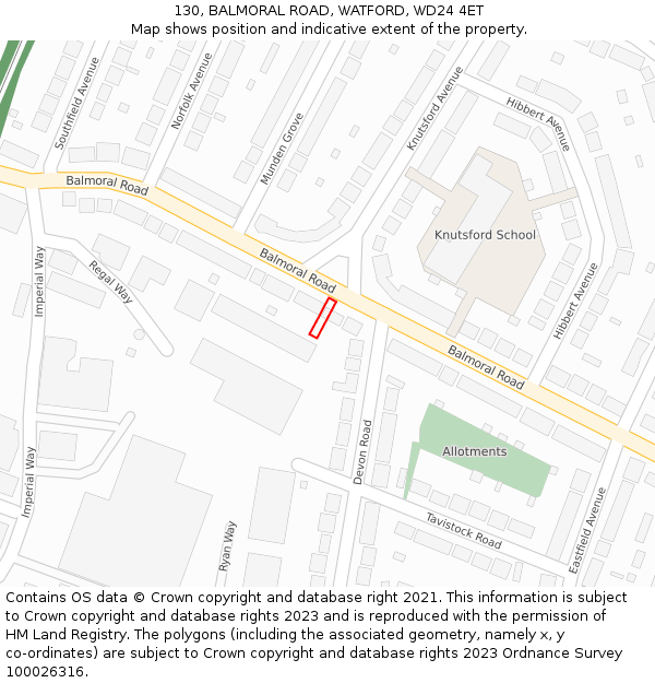 130, BALMORAL ROAD, WATFORD, WD24 4ET: Location map and indicative extent of plot