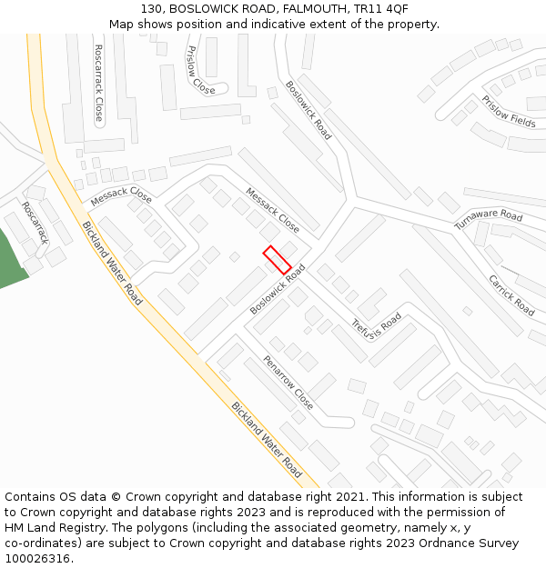 130, BOSLOWICK ROAD, FALMOUTH, TR11 4QF: Location map and indicative extent of plot