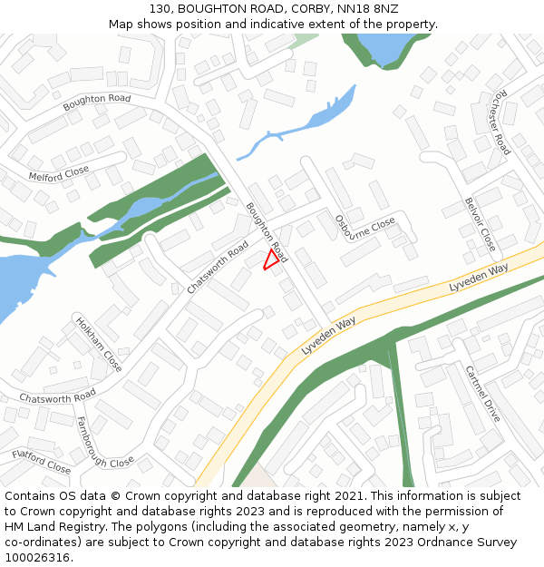 130, BOUGHTON ROAD, CORBY, NN18 8NZ: Location map and indicative extent of plot