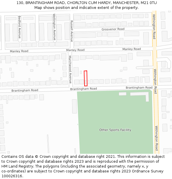 130, BRANTINGHAM ROAD, CHORLTON CUM HARDY, MANCHESTER, M21 0TU: Location map and indicative extent of plot