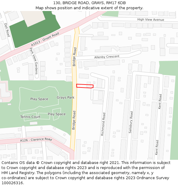 130, BRIDGE ROAD, GRAYS, RM17 6DB: Location map and indicative extent of plot
