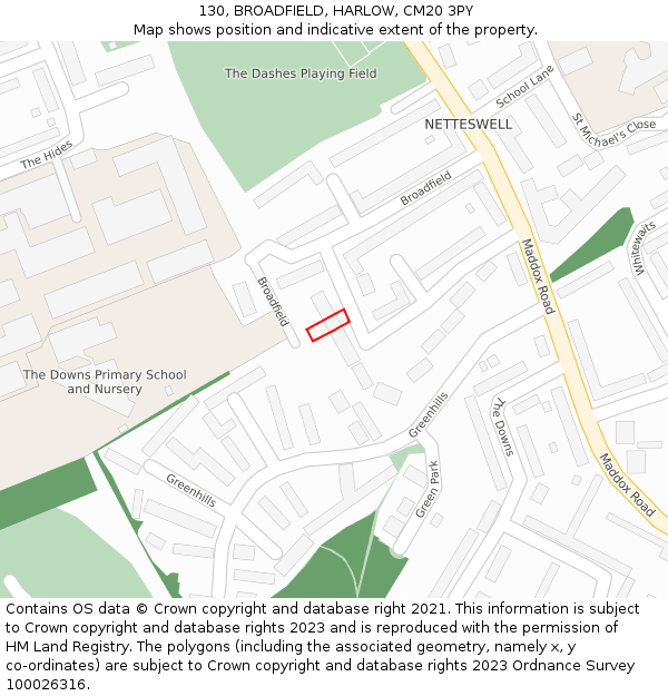 130, BROADFIELD, HARLOW, CM20 3PY: Location map and indicative extent of plot