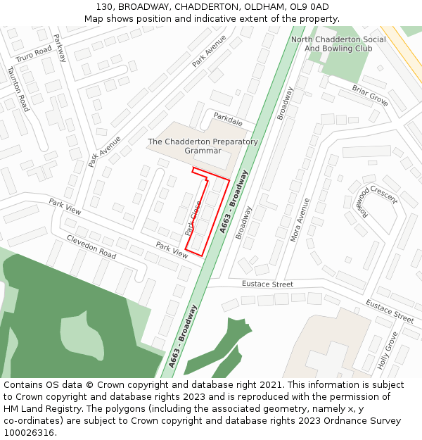 130, BROADWAY, CHADDERTON, OLDHAM, OL9 0AD: Location map and indicative extent of plot