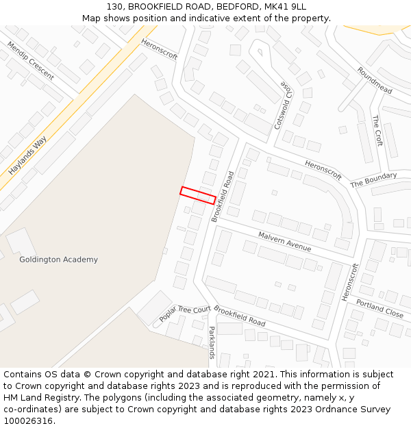 130, BROOKFIELD ROAD, BEDFORD, MK41 9LL: Location map and indicative extent of plot