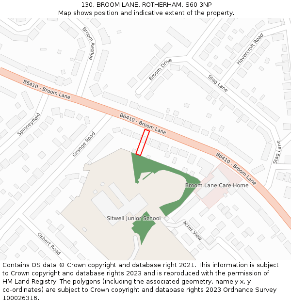 130, BROOM LANE, ROTHERHAM, S60 3NP: Location map and indicative extent of plot