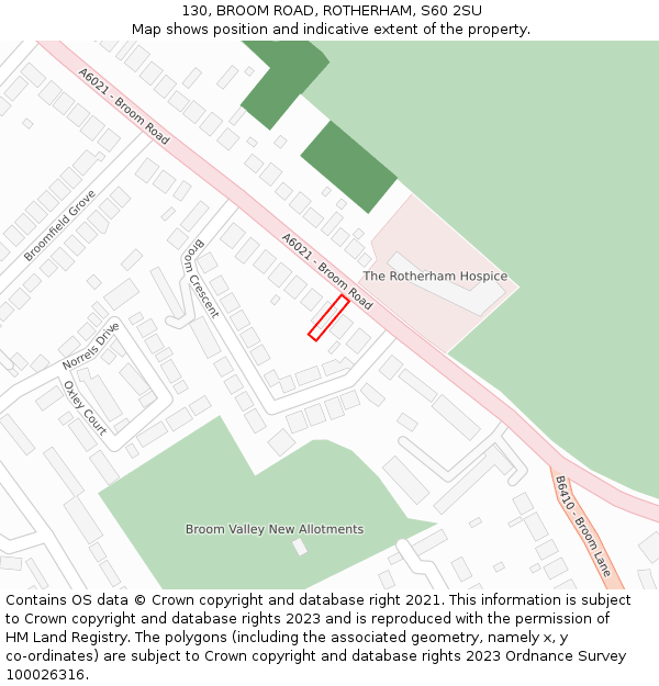 130, BROOM ROAD, ROTHERHAM, S60 2SU: Location map and indicative extent of plot