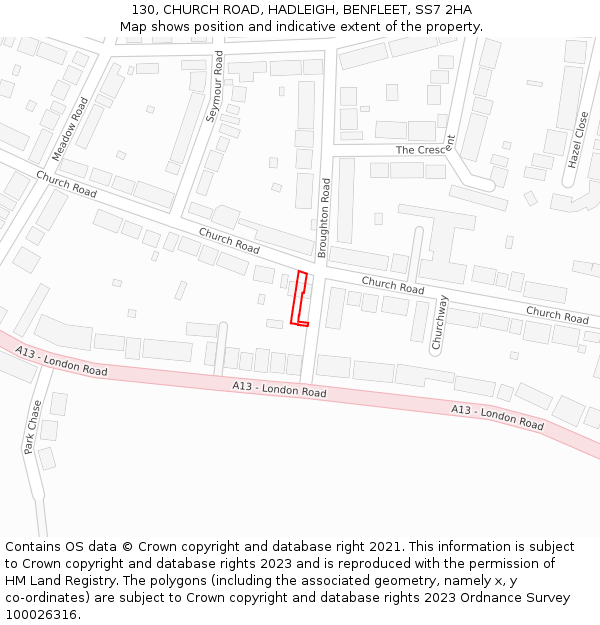 130, CHURCH ROAD, HADLEIGH, BENFLEET, SS7 2HA: Location map and indicative extent of plot