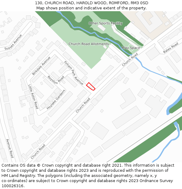 130, CHURCH ROAD, HAROLD WOOD, ROMFORD, RM3 0SD: Location map and indicative extent of plot