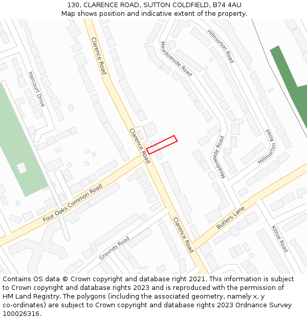 130, CLARENCE ROAD, SUTTON COLDFIELD, B74 4AU: Location map and indicative extent of plot