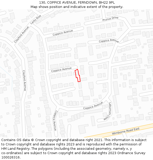 130, COPPICE AVENUE, FERNDOWN, BH22 9PL: Location map and indicative extent of plot