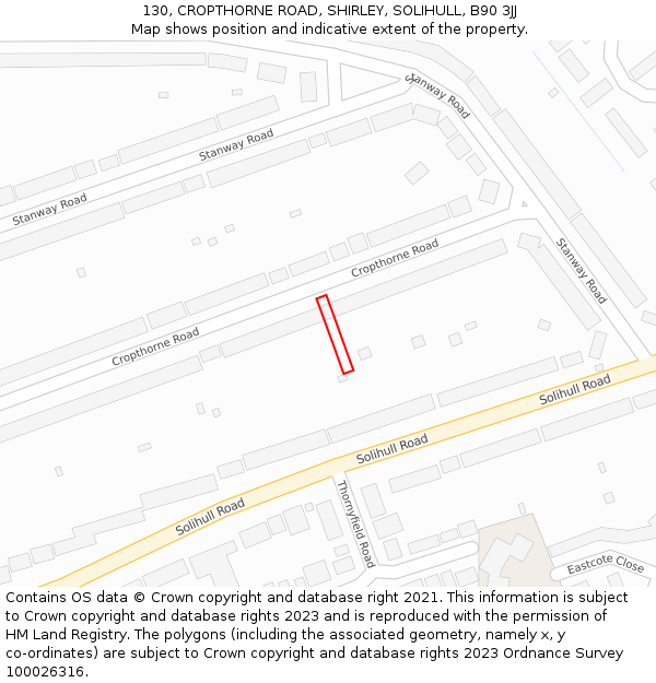 130, CROPTHORNE ROAD, SHIRLEY, SOLIHULL, B90 3JJ: Location map and indicative extent of plot