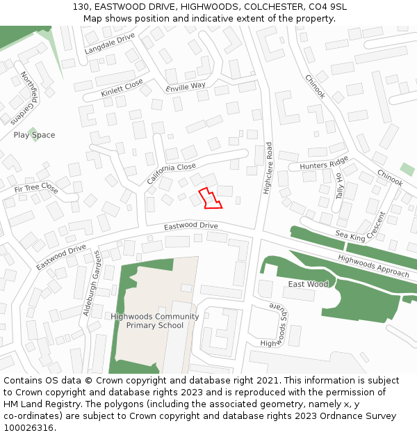 130, EASTWOOD DRIVE, HIGHWOODS, COLCHESTER, CO4 9SL: Location map and indicative extent of plot