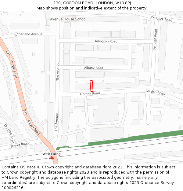 130, GORDON ROAD, LONDON, W13 8PJ: Location map and indicative extent of plot