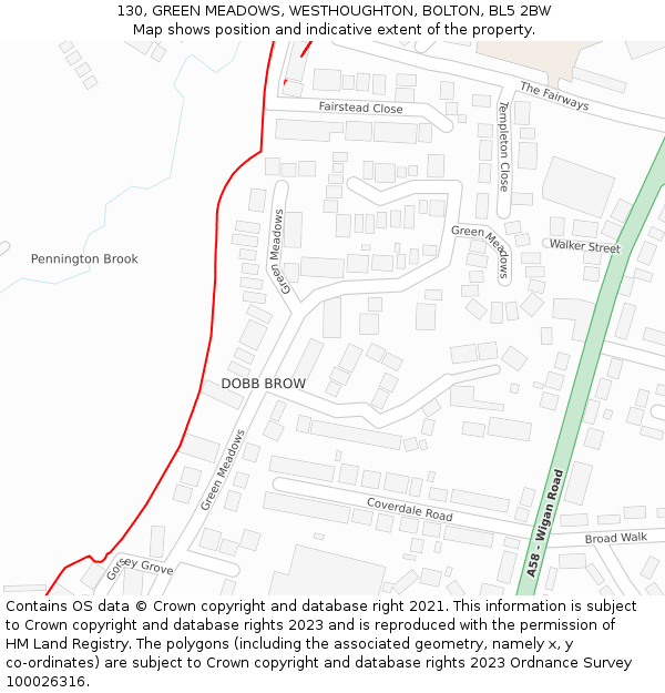 130, GREEN MEADOWS, WESTHOUGHTON, BOLTON, BL5 2BW: Location map and indicative extent of plot