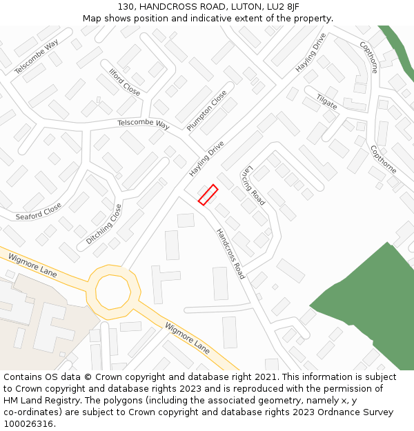 130, HANDCROSS ROAD, LUTON, LU2 8JF: Location map and indicative extent of plot