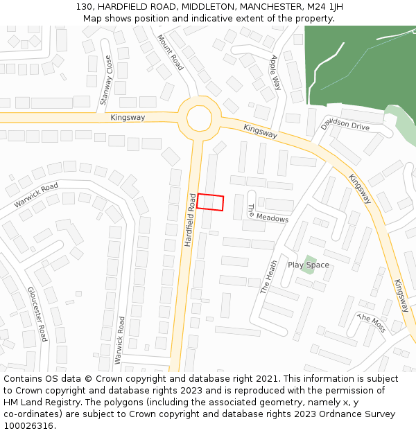 130, HARDFIELD ROAD, MIDDLETON, MANCHESTER, M24 1JH: Location map and indicative extent of plot