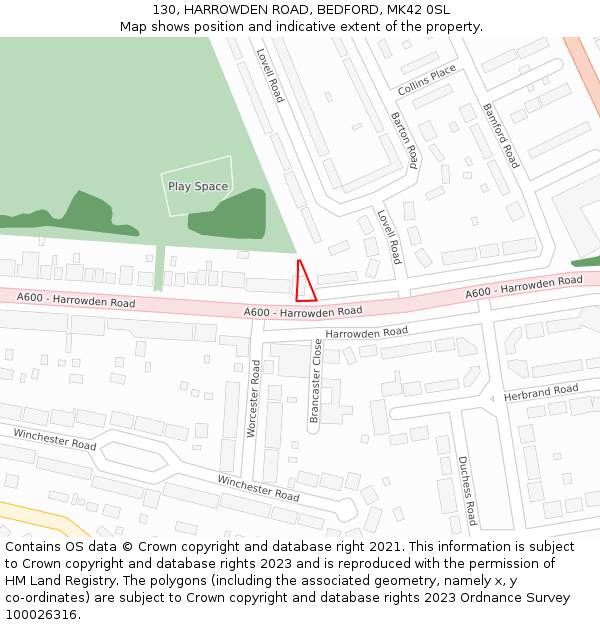 130, HARROWDEN ROAD, BEDFORD, MK42 0SL: Location map and indicative extent of plot